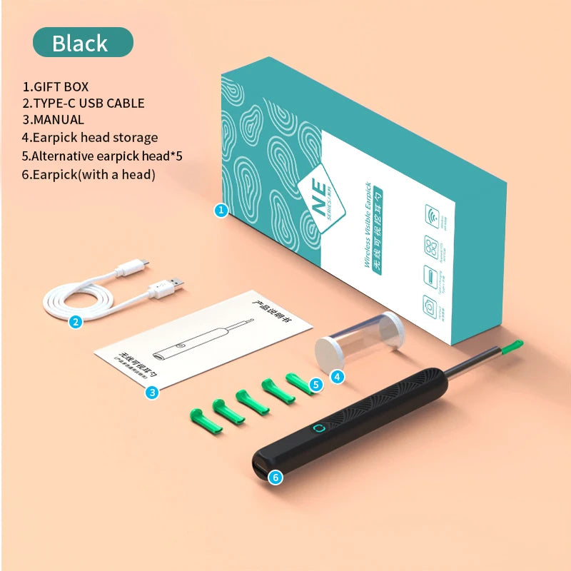 Nettoyeur Auriculaire Sans Fil avec Caméra 1296P, Recharge USB-C et WiFi