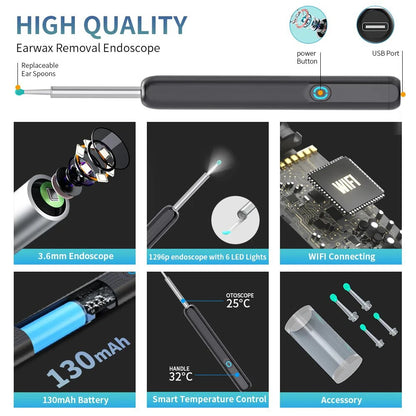 Nettoyeur Auriculaire Sans Fil avec Caméra 1296P, Recharge USB-C et WiFi