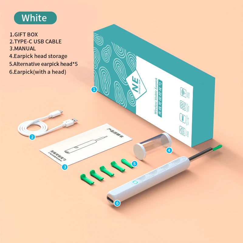 Nettoyeur Auriculaire Sans Fil avec Caméra 1296P, Recharge USB-C et WiFi